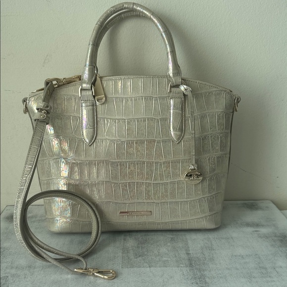 Brahmin Duxbury Leather Croc Embossed Satchel Handbag Pearly Cream Metallic